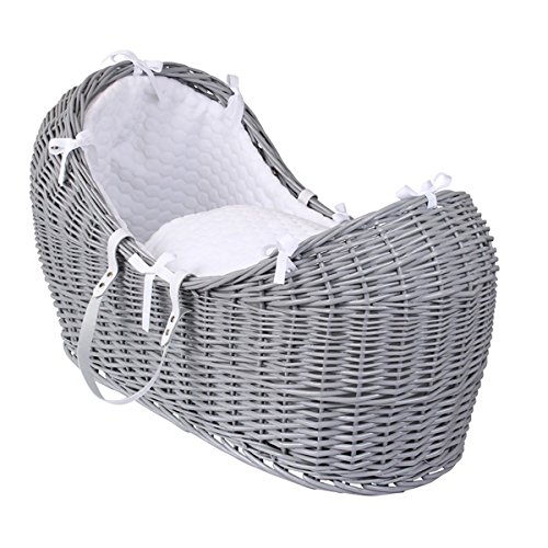 Clair de Lune Marshmallow Grey Noah Pod Wicker Moses Basket, White