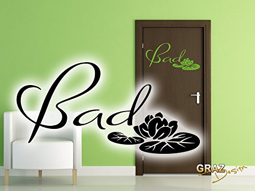 Wandtattoo Türaufkleber Türbeschriftung Schriftzug Bad Seerose Blume, Minzgrün, 15x30cm