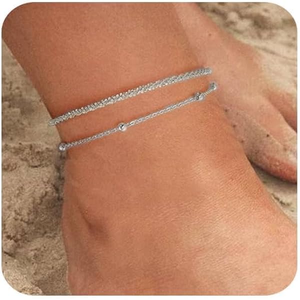Bracelet De Cheville Femme Argent Sterling 925 - Multicouche, Chaîne Réglable, Cœur Et Boule, Style Plage/Été