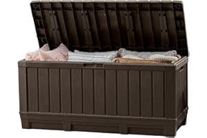 Keter Kentwood 92 Gallon Resin Deck Box-Organization and Storage for Patio Furniture Outdoor Cushions, Throw Pillows, Garden Tools and Pool Floats, Brown