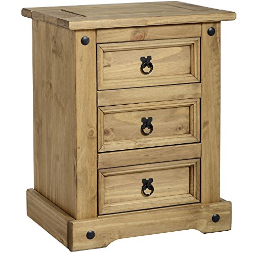 Home Discount® Corona Bedside Chest 3 Drawer Distressed Waxed Pine Table