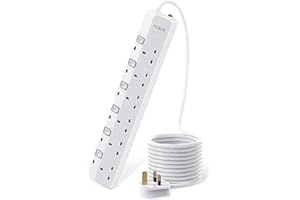 PARTH Surge Protected Extension Lead 3m Cable - 6 Way Surge Protection Multi Plug Extension with Individual Switches - UK Sockets Wall Mounted Power Strip 13A/3250W for Home, Motorhome, Travel, Office