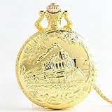 Easy Go Shopping Taschenuhr Creative Train Carved Golden Vintage Quarz Taschenuhr mit Kette für Männer und Frauen