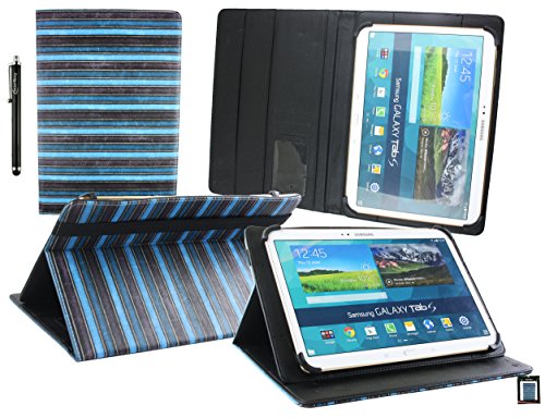 Emartbuy® Denver TIQ-11003 10.6 Zoll Tablet Universalbereich ( 10 - 11 Zoll ) Jahrgang Streifen Blau Multi Angle Exekutiv Folio Mappen Kasten Abdeckung mit Kartensteckplätze + Eingabestift
