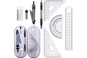 MELARQT 8 Pcs Geometry Set,Geometry Compass Sets, Math Kit Educational Supplies Drawing Compass and Protractor Set, Pencil Lead Refills, Pencil, Eraser, Rulers for School