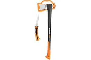 Fiskars Set di Attrezzi, Ascia da Spacco con Fodero per Lama e Trasporto, Acciaio/Plastica, Seghetto per Legno Fresco con Lama Retrattile in Acciaio Inossidabile, Nero/Arancione, 1025437