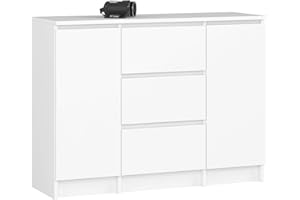 ‎AKORD AKORD Kommode K100 mit 3 Schubladen, Schrank mit 2 Tür 4 Regalböden, Für das Wohnzimmer Schlafzimmer, Moderne, 16mm Laminierte Platte, B101xH76xT35 cm, Farbe Weiß & Weiß