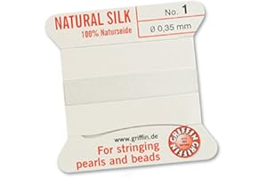 GRIFFIN SINCE 1866 GERMANY Griffin 100% Natural Silk Beading Cord String Thread - White - 2 metres with one Needle - Size 0.35mm