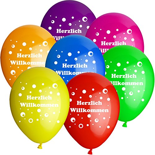 10x Rundballons „Herzlich Willkommen“ bunt Ø25cm + Geschenkkartenset + PORTOFREI mgl. + Helium & Ballongas geeignet. High Quality Premium Ballons vom Luftballonprofi & deutschen Heliumballon Experten. - 2