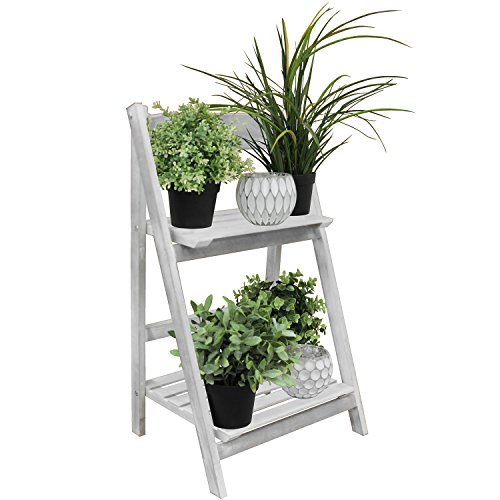 Holz Blumenetagere mit 2 Ebenen 32x41x67cm Altweiß Blumentreppe Gartenregal Blumenbank Blumenständer