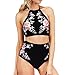 Produktbild FORH Damen Retro Blumen Drucken Bademode Sexy Neckholder Push-Up Bra Beach Bikini Set Hoher Taille Split Badeanzug Swimwear Shorts tops mit Bikini Höschen zweiteilig Schwimmanzug (Schwarz, S)