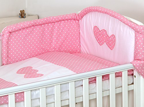 Luxury 5 Piece Bedding Set to fit Cot & Cot Bed Cotton Sateen 100% Cotton with Embroidered Hearts (to fit cot size 120x60cm, Pink Polka Dots)