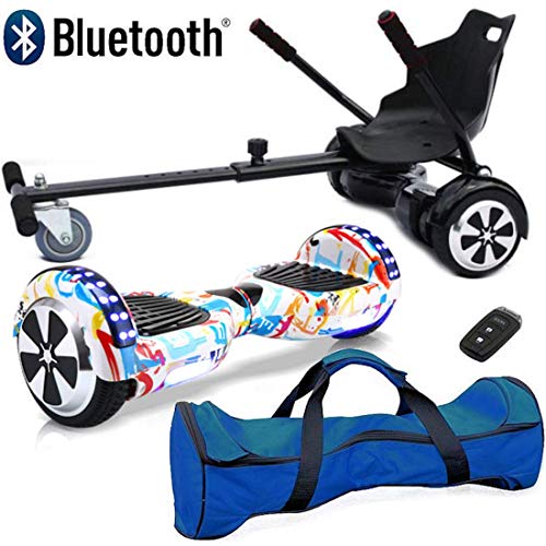 Nero Sport Bluetooth 6.5" Hover Scooter Board Self Balance with Hoverkart Go-Kart attachment bundle combo - Includes carry bag and remote key (Scribble)