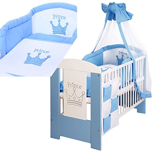 Baby Cot PRINCE 120x60 maden of wood incl. foam mattress and 9 pieces bedding complete set