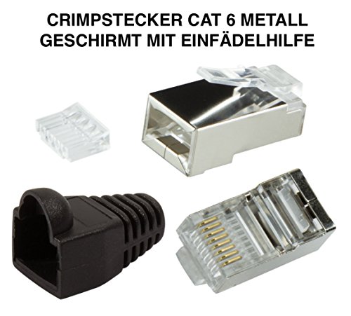 odedo® 12er Pack Crimpstecker CAT6 Metall geschirmt mit Einfädelhilfe und Knickschutz in schwarz, Netzwerk Lankabel RJ45 Kat 6, Crimp Stecker Gigabit, Modular Plug shielded Connector with Insert (Schwarz)