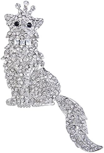 TENYE Austrian Crystal Adorable 3D Kitten Cat with Crown King Brooch Clear Silver-Tone