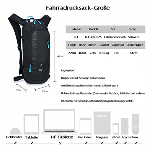 10L Kleiner Fahrradrucksack Trinkrucksack Wasserdicht Rucksäcke Reisetasche für Wandern, Klettern, Fahrradfahren, Fahrradrucksack. sowie Laufsport oder Camping Outdoor Sportrucksack Ultraleicht Fahrrad Rücksack von BLF - 6
