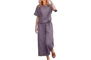 SYDUZAX Completi Estivi da Donna Offerte Oggi Tuta da Casa Casual Elegante in Cotone e Lino Tinta Unita Set da 2 Pezzi Sportivo da Donna Ampio e Confortevole a Maniche Corte con Scollo Tondo + Pantaloni