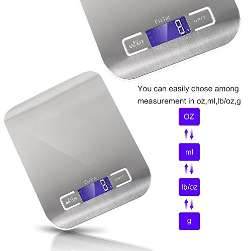 Firlar 5Kg / 11lb Digital Post Und Nahrungsmittelskala Edelstahl Beleuchtete LCD Anzeigen Multifunktionsküche Elektronische Balance - 2