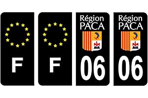 HADEXIA Lot 4 Autocollants Plaque immatriculation département 06 Alpes-Maritimes Ancien Région PACA Noir Couleur & F France Europe