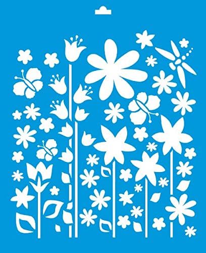 21cm x 17cm Reusable Flexible Plastic Stencil for Graphical Design Airbrush Decorating Wall Furniture Fabric Decorations Drawing Drafting Template - Garden Flowers Butterflies