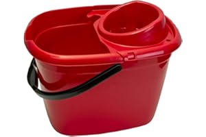 Abbey Plastic Mop Bucket with Wringer 12 Litre – Colour Coded Cleaning Floor Plastic Mop Bucket with Side Lip for Easy Pouring for General and Small Area Cleaning - Red