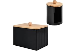 Ziyonix 3 Pièces Boite Coton Tige, Boite à Coton avec Couvercles en Bambou, Distributeur Rangement Noir Tige Bois pour Salle Bain Coiffeuse Salon (Noir)