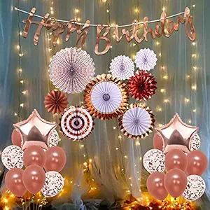 Party Propz Rose Gold Birthday Decoration Kit Combo - 34Pcs With Fans, Bday Banner, Star Foil Balloon, Confetti Rubber Balloons, Led Lights Girls, Boys,Kids Wife Decoration Items