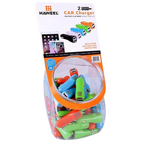 examen Chargeurs principaux 60 PCS Couleurs mixtes HAWEEL 3.1A Ports double USB Kit Chargeur de voiture avec Cans Candy Package