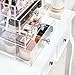 Beautify Make Up/ Jewellery Organiser - Large Clear Acrylic Storage Box , Cosmetic Stand with 3 Drawers, 21 Brush/Lip Gloss Holders & 6 Individual Top Sections