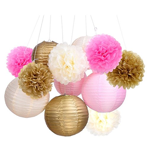 16 Stk Party Deko Set Papier Pompoms Laterne und Girlande (Hellbeige + Rosa + Gold) Rund Lampions Dekoration Pompons für Hochzeit Geburtstag Taufe Weihnachten - 8