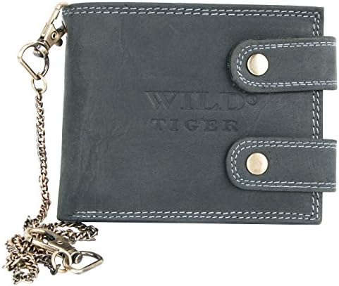 Very Dark Grey Nearly Black Biker's Leather Wallet Wild Tiger with Long Chain to Hang