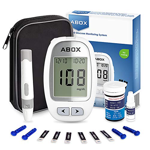 ABOX Medidor de Glucosa en Sangre, Kit de Glucómetro Codefree con 25 Tiras, 25 Picotazo, Estuche de Viaje, Paquete de Sistema de Monitoreo de de Azúcar en Sangre para Control de la Diabetes (mg/dL)