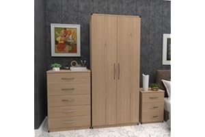 GENERIC Ready 3-Piece Bedroom Furniture Set, 2-Door Wardrobe 78cm, 5-Drawer Chest 72cm, 3-Drawer Bedside 40cm (Oak)