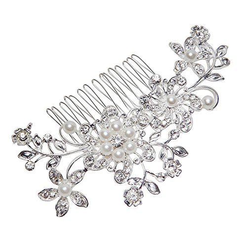 FOONEE Bridal Wedding Jewelry Crystal Rhinestone Bride Pearl Hair Comb Pin (Silver,Flowers)
