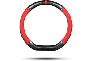 Ergocar Coprivolante per Auto Antiscivolo Protezione per Volante Auto D-Forma Fibra di Carbonio & Pelle PU Universale per Diametro 38 Cm (15 ") (Nero-rosso-striscia-U)