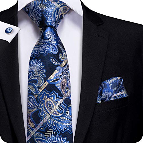 Hi-Tie Paisley corbata pañuelo gemelos Jacquard tejido de seda corbata Azul azul