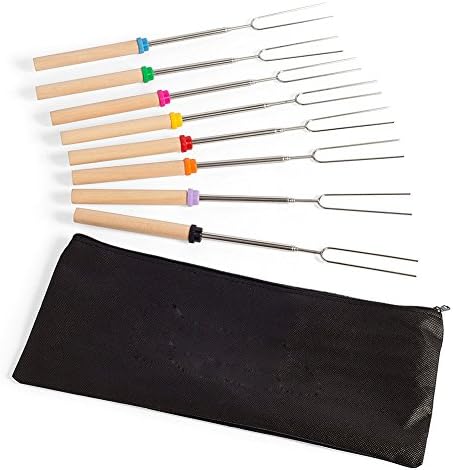 Marshmallow Roasting Sticks Telescoping Extendable Hot Dog Smores Forks - Fire Pit, Campfire, Bonfire &amp; Outdoor Cookware Kit with A Canvas Pouch Pack of 8