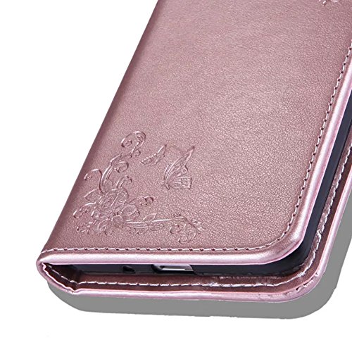 SKYXD für Samsung Galaxy J3 2016 Hülle Leder Rosen Blumen und Schmetterlings Muster,PU Folio Klappbar SchutzHülle [Brieftasche Kartenfach / Magnet / Standfunktion / Trageschlaufe] KlappHülle für mit [Katze Handyanhänger + Eingabestift] 3 in 1 Zubehör Set Handy Tasche Etui für Samsung Galaxy J3 2016 J320F J3 Duos Bookstyle Flip Case Leather Cover With [Stylus and Dust Plug]- Roségold - 6