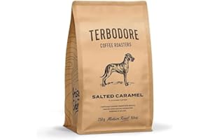 Terbodore | Salted Caramel Coffee Beans | 250g Bag | Delicious Flavoured Bean | Subtle Buttery Aroma | Medium Roast | Premium Grade Whole Bean | Home or Cafe | Salted Caramel Coffee Beans
