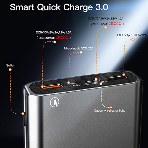 Chargeur Portable  22000mAh  Charge Rapide 3 0   Port USB Type C 3 0 A  EMNT Power Bank avec 4 Ports USB pour Grande Capacit   Batterie Externe Iphone 7 8   X  Ipad  Samsung Galaxy J3   S7   S8  Huawei P10 et autres P  riph  riques USB- Gris Argent  