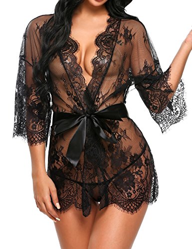 Avidlove Women's Sexy Lace Kimono Sexy Nightgown Transparent Mesh Lingerie Babydoll Dress Robe with Belt and G-String, XXL, Black