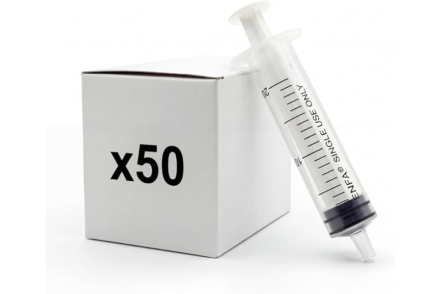 KMINA Jeringuillas 20 ml Sin Aguja (50 unidades), Jeringas de 3 Piezas con Cono Luer Excéntrico, Estériles y Sin Látex