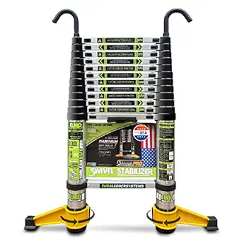 EuroLadderSystems 3.8m Euro Telescopic Ladder 3.8 Meter 12.5 ft with Wide Foldable Stabilizer and Detachable Hook Kit Stores at 3 ft Ribbed Rubber Feet
