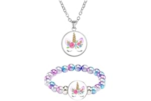 Yiran Girls Magical Unicorn Jewelry Set Bracelet Necklace Set Gift Box Candy Colors Bracelet and Sparkly Necklaces For Girls Play Pretend Dress Up, Nice Gifts For Christmas And Birthday. (Purple)
