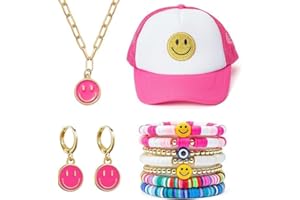 BigVivi 11 Pack Preppy Jewelry Set Smile Face Trucker Hat Stackable Bracelets Necklace Earrings Y2K Mesh Back Baseball Cap Colorful Handmade Charms Stretch Bracelets, Birthday Gifts for Women Girls