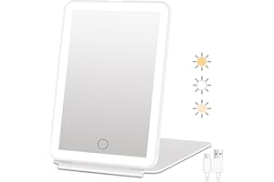 FUNTOUCH Podróżne lusterko kosmetyczne do makijażu z 72 diodami LED, przenośne podświetlane lusterko kosmetyczne do makijażu, 3 kolorowe oświetlenie, ściemniany ekran dotykowy, składane lusterko