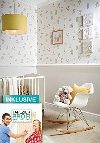 Tapete Kinderzimmer Teddy Bär Hase Sterne Mond in creme beige,schöne süße Tapete für das Babyzimmer , inklusive der Newroom Tapezier Profibroschüre mit Tipps für perfekte Wände