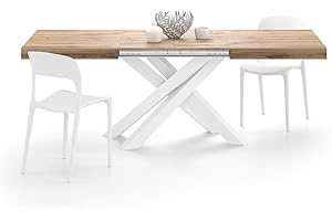 Mobili Fiver, Tavolo Allungabile Emma 140(220) x90 cm, Rovere Rustico con Gambe Incrociate Bianche, per 6-10 persone, Tavolo Cucina, Soggiorno, Made in Italy
