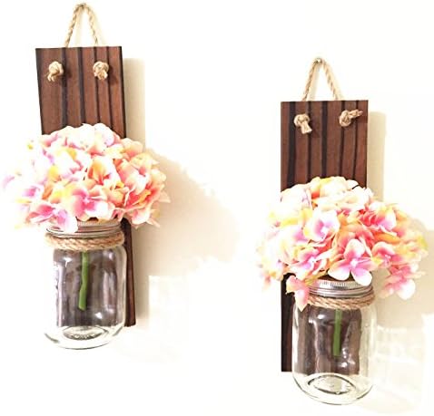 loveyourlife Rustic Sconces Rustic Wall Decor Mason Jars Sconce Farmhouse Sconce Rustic Home Decor Wall Hanging Decor Hanging Mason Jars Farmhouse Decor (With Pink Flower)